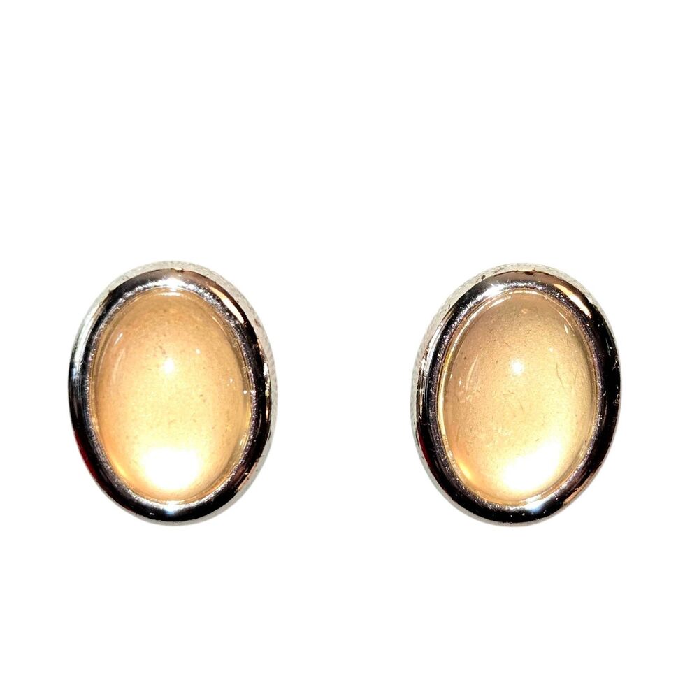 Monet Signed Vintage Silver Tone‎ Oval Peach Moonstone Clip On Earrings 1"X0.75"